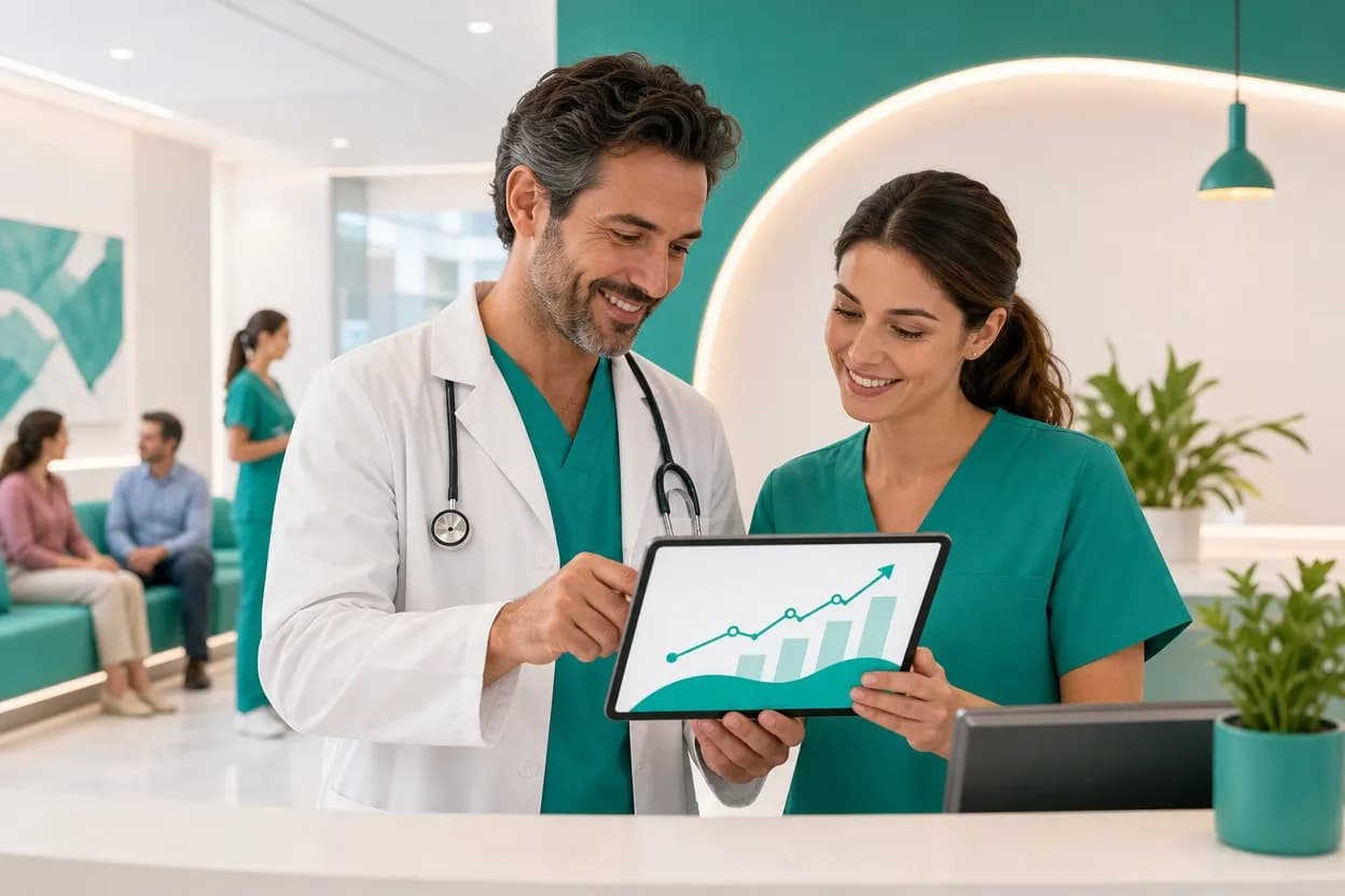 Medico e segretaria che osservano insieme un tablet con un grafico di reputazione online stilizzato