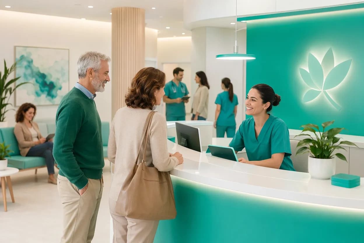 Reception di uno studio medico con persone sorridenti in un ambiente accogliente