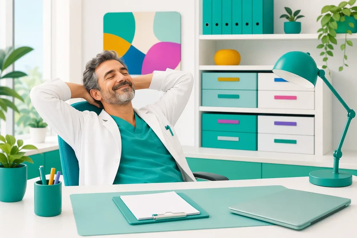 Medico soddisfatto alla scrivania dopo aver emesso e archiviato le fatture con il software dello studio