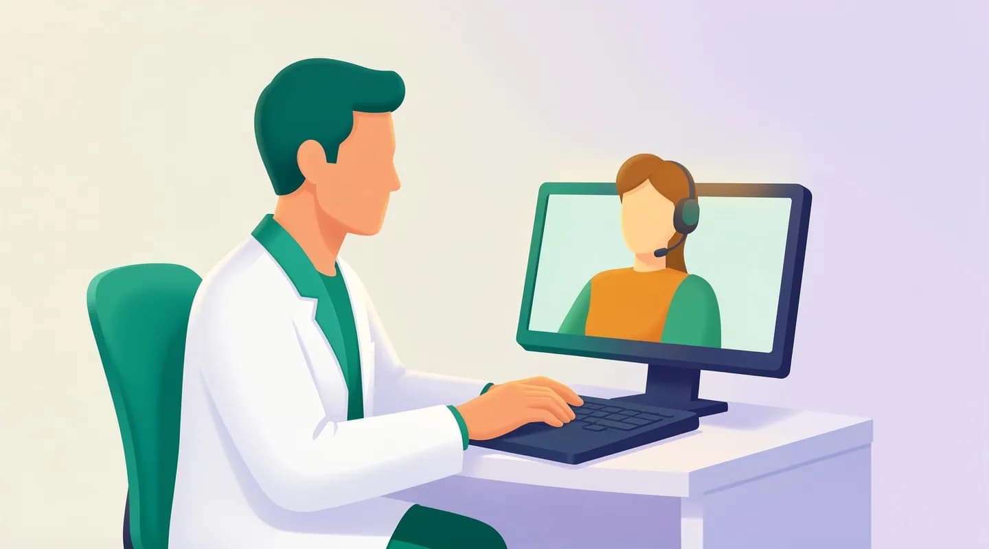 Medico che svolge una televisita su laptop nel suo ambulatorio in telemedicina