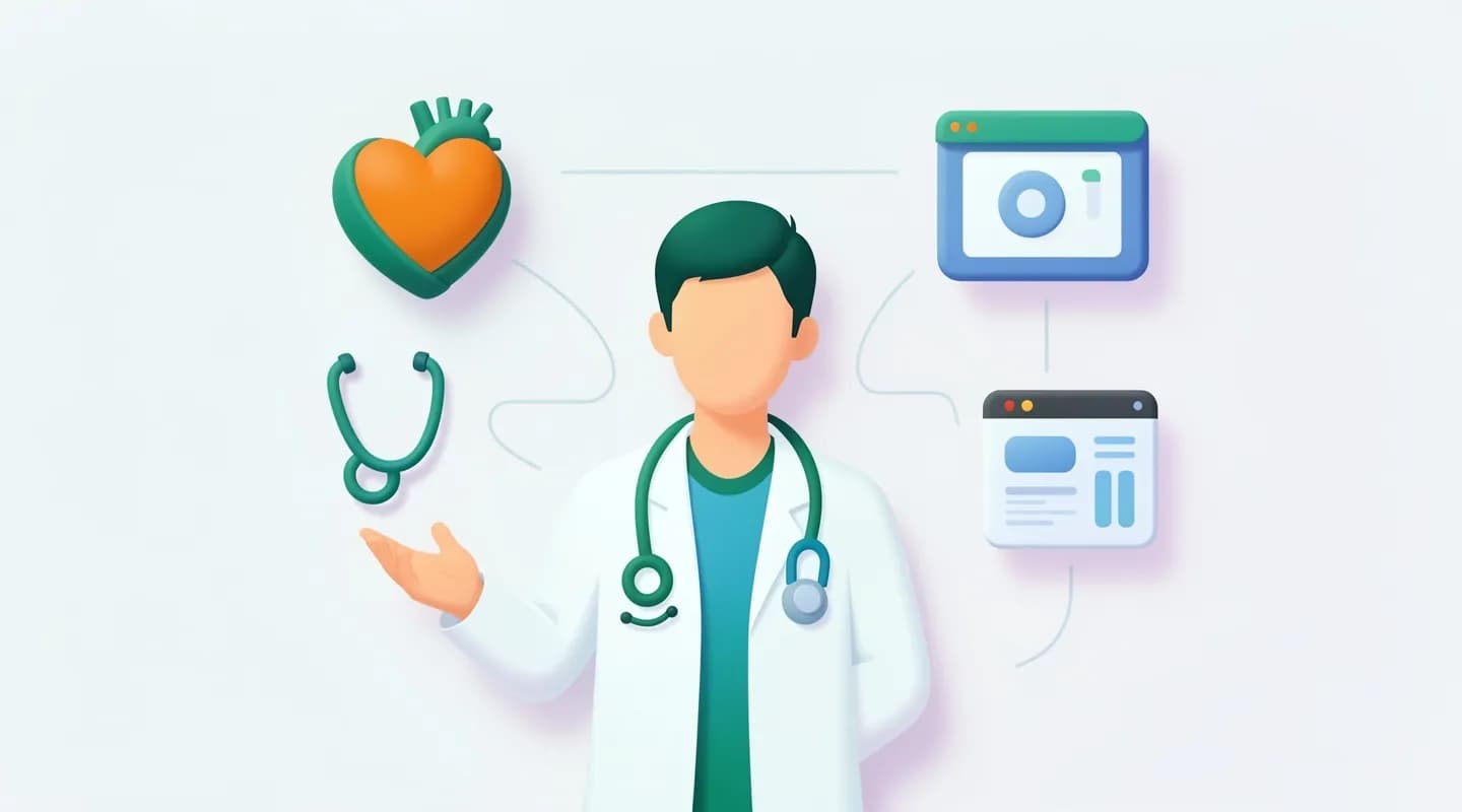 Concetto di telemedicina con un medico collegato a icone di cuore, stetoscopio e videocamera
