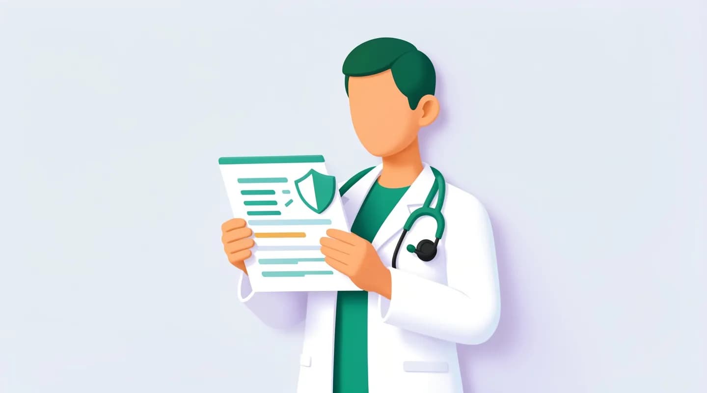 Medico con documento, scudo e segno di spunta che rappresenta la normativa sulla telemedicina