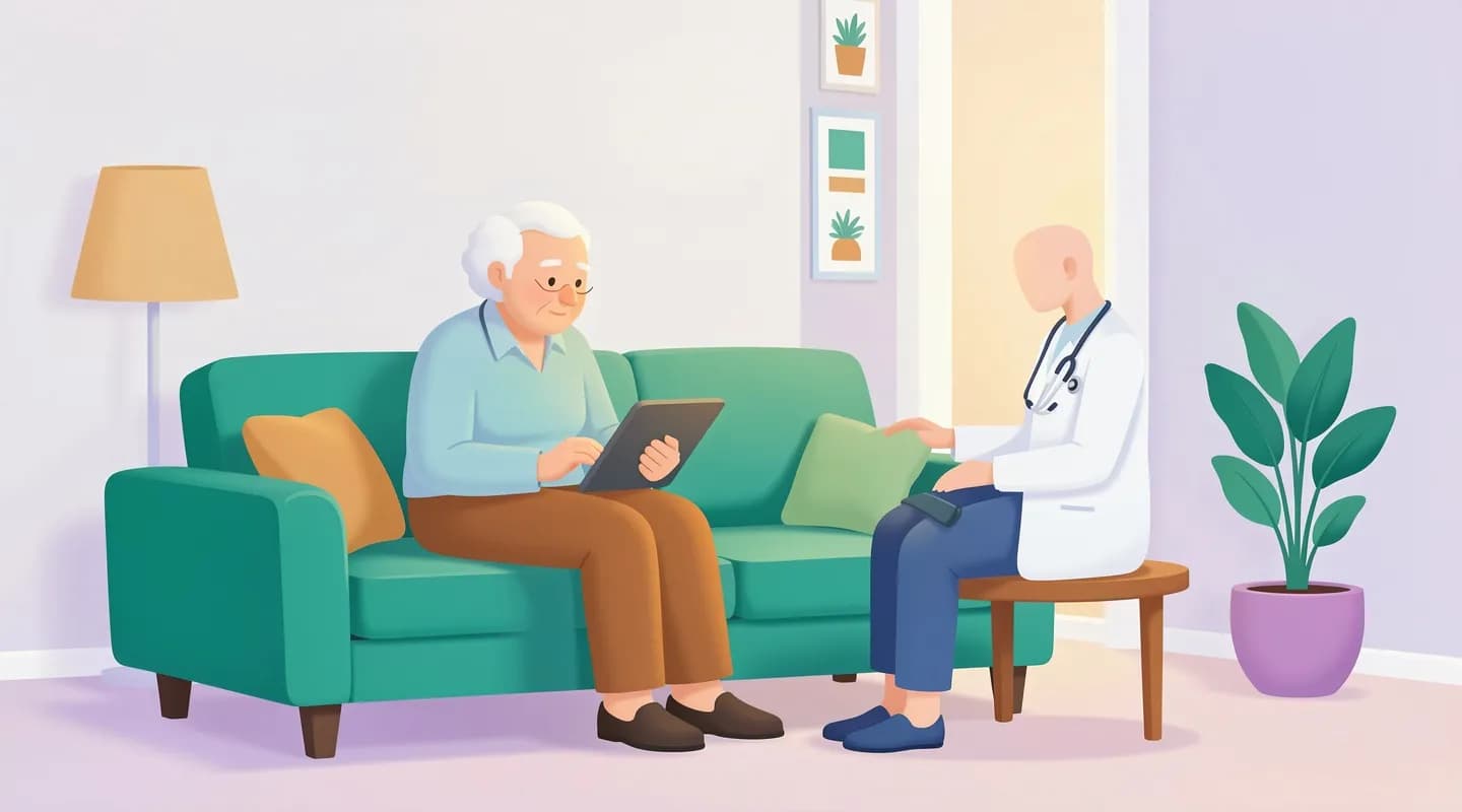 Paziente anziano a casa che parla con il medico tramite tablet in teleassistenza