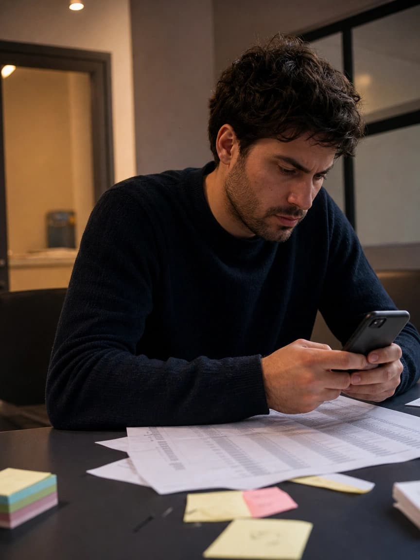 Addetto alla comunicazione di uno studio medico che ricopia a mano i contatti dei pazienti da liste stampate al telefono