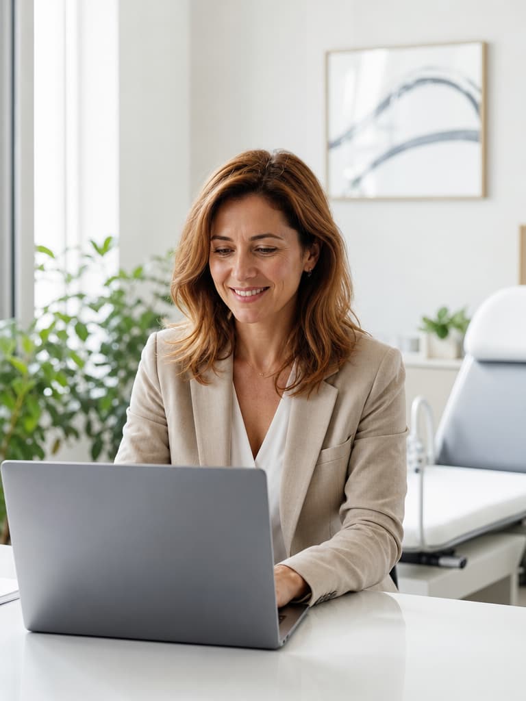 Responsabile marketing di un centro medico che lavora serena al laptop nel suo ufficio