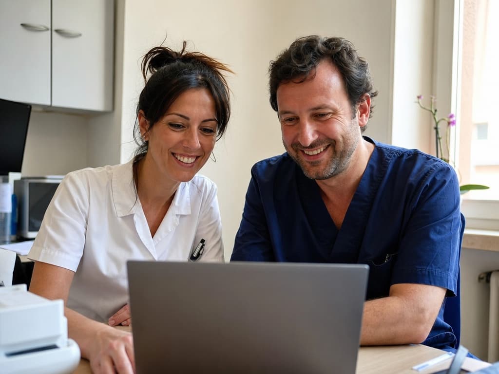 Staff di un ambulatorio che configura insieme le notifiche multicanale su un laptop, formazione inclusa