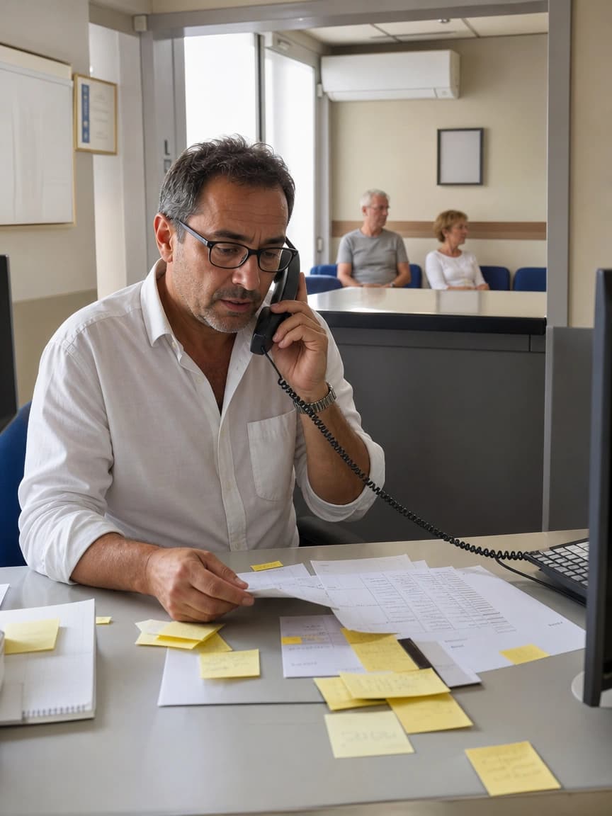 Receptionist di un ambulatorio al telefono con un elenco cartaceo di pazienti da richiamare per confermare gli appuntamenti