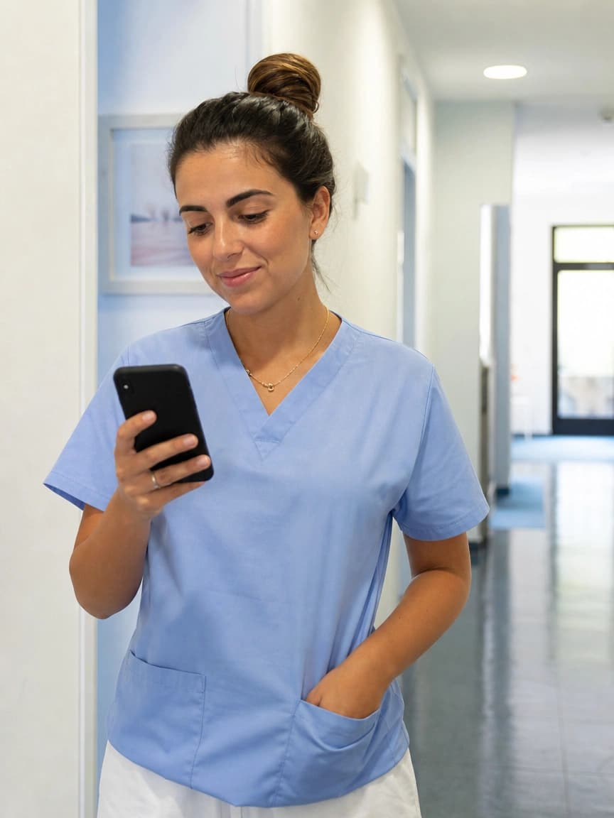 Assistente di studio medico che controlla con serenità lo smartphone per le notifiche automatiche ai pazienti