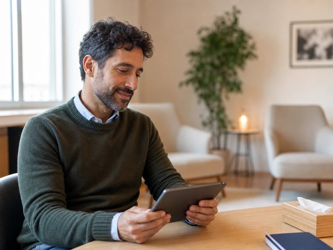 Psicologo che gestisce l'agenda del centro da tablet in una sala di consultazione calma con due poltrone