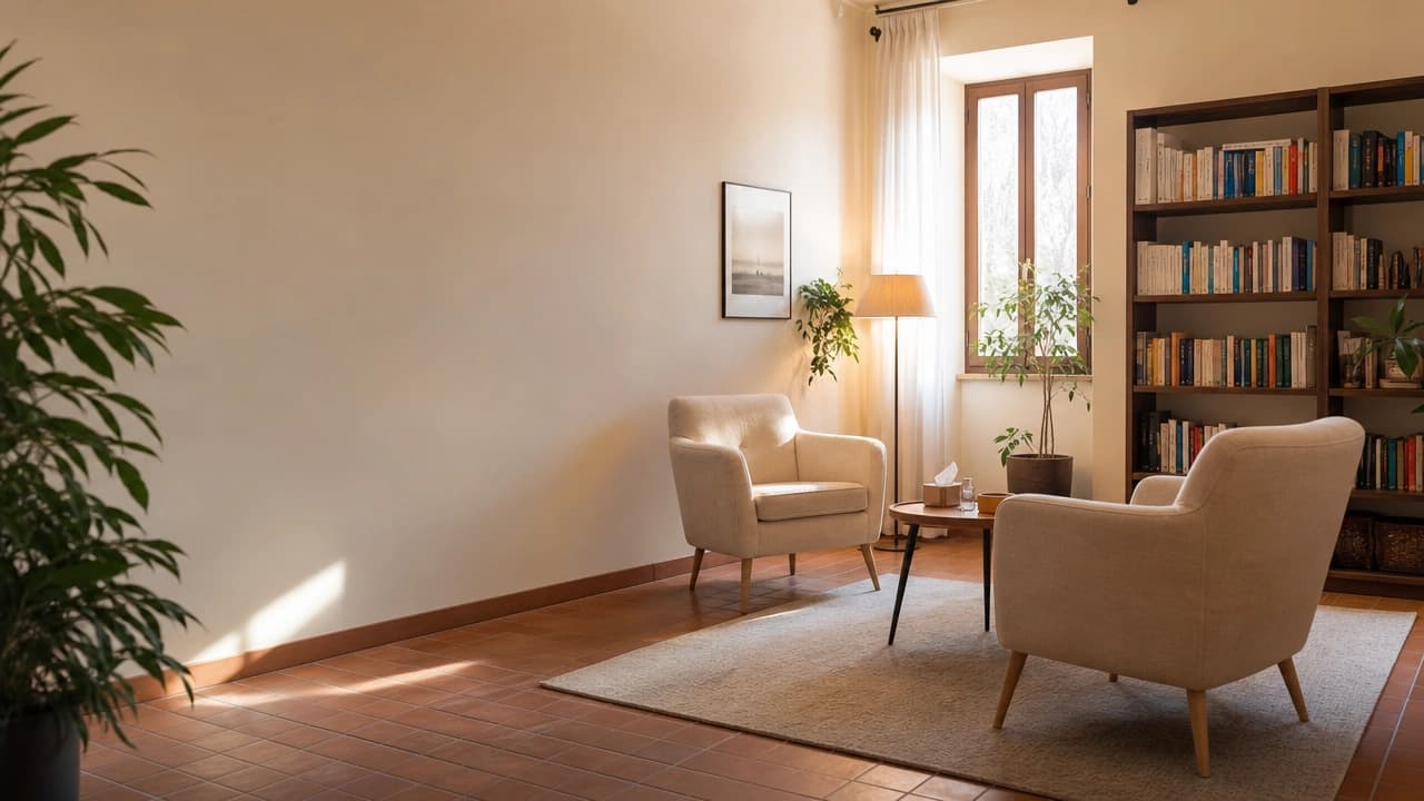 Sala di consultazione di un centro di psicologia con due poltrone, libreria e luce naturale