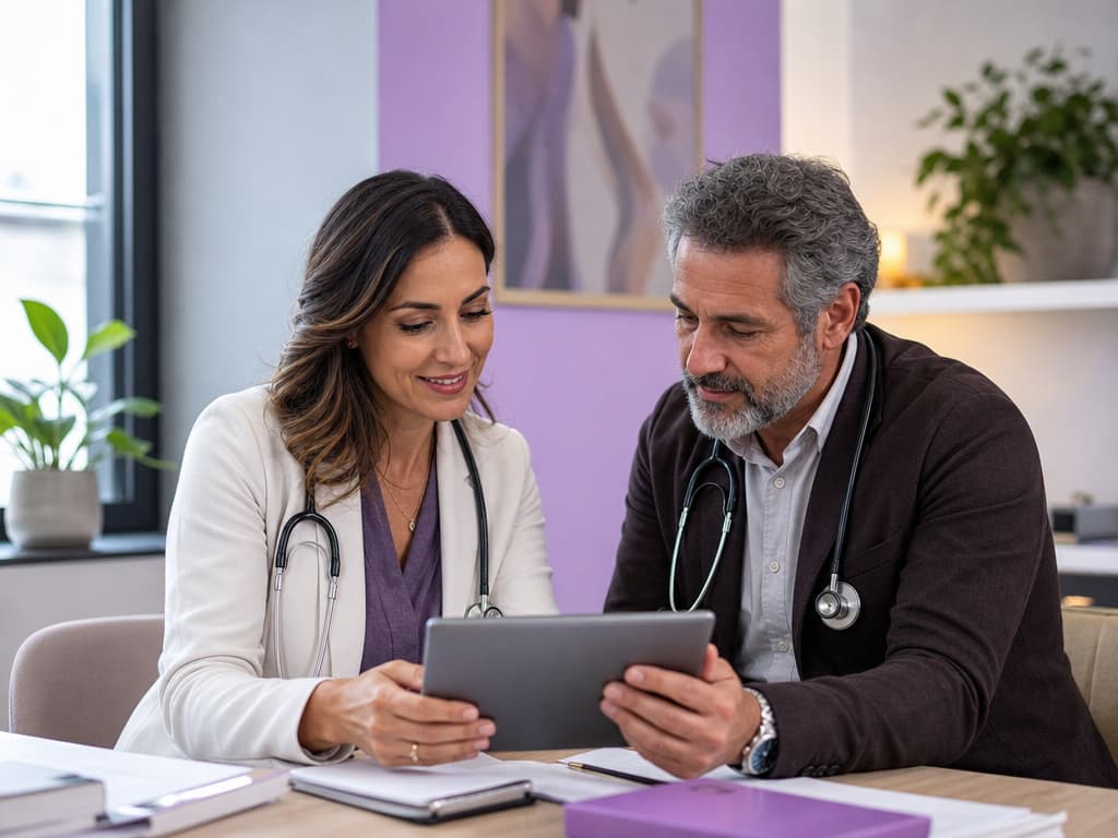 Due medici di uno studio associato che consultano insieme l'agenda condivisa su un tablet