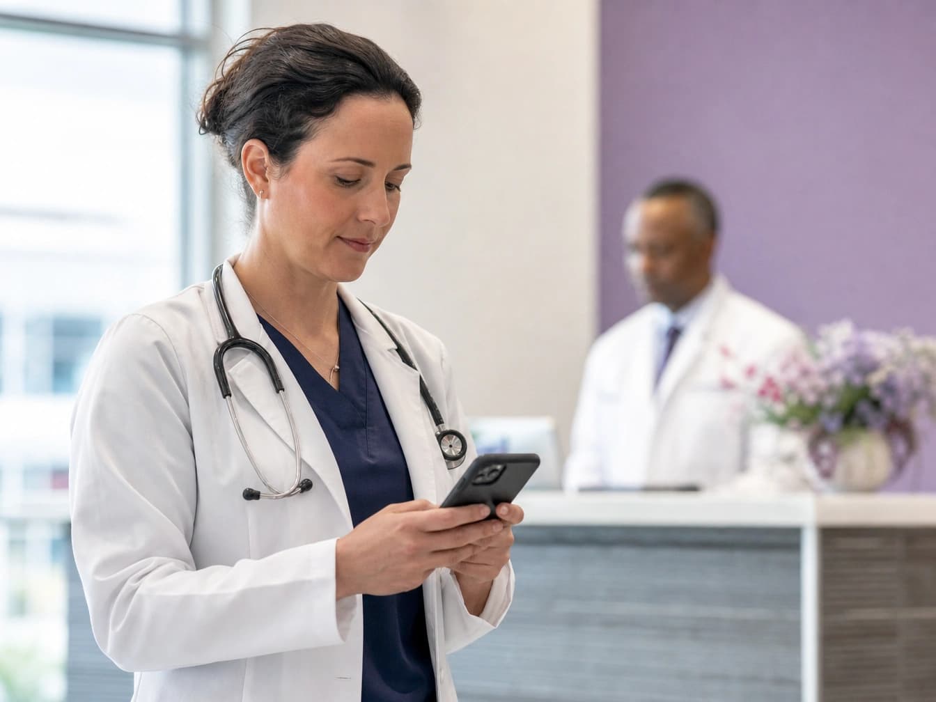 Medico di uno studio associato che controlla l'agenda condivisa dallo smartphone